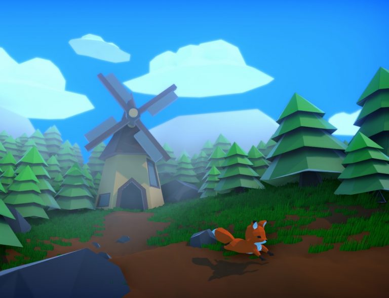 Visuel 3D Low Poly avec renard, paysage et moulin