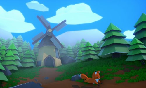 Visuel 3D Low Poly avec renard, paysage et moulin